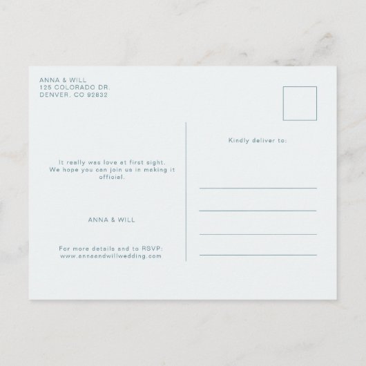 Dusty Blue Modern Wedding 3 Fotos Save the Date Postkarte (Rückseite)