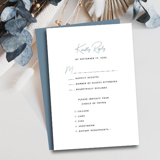 Dusty Blue Modern Whimsical Script Wedding RSVP Karte