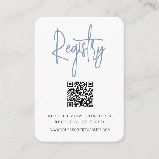Dusty Blue | Modernes Script QR Code Bridal Regist Begleitkarte (Vorderseite)