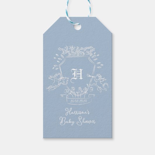 Dusty Blue Monogram Baby Dusche Geschenkanhänger (Vorderseite)