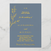 Dusty Blue Monogram Botanical Minimalistisch Gold Folieneinladung (Vorderseite)