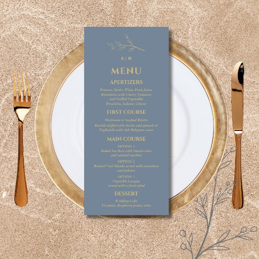Dusty Blue Monogram Botanical Minimalistisch Weddi Menükarte