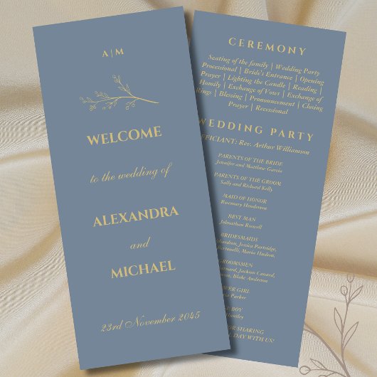 Dusty Blue Monogram Botanical Minimalistisch Weddi Programm