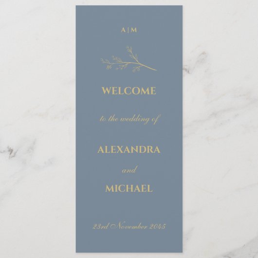 Dusty Blue Monogram Botanical Minimalistisch Weddi Programm (Vorderseite)