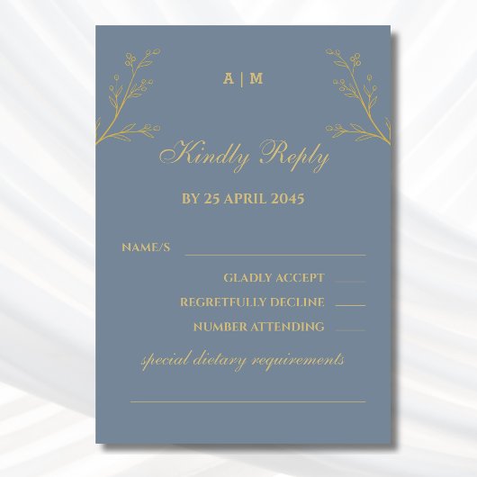 Dusty Blue Monogram Botanical Wedding RSVP Card Karte