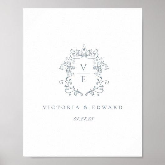 Dusty Blue Monogram Crest Wedding Poster (Vorne)
