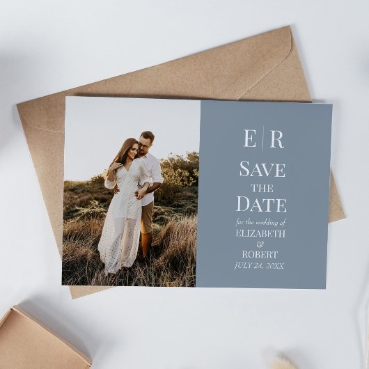 Dusty Blue Monogram Custom Foto Save the Date Einladung