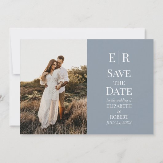 Dusty Blue Monogram Custom Foto Save the Date Einladung (Vorderseite)