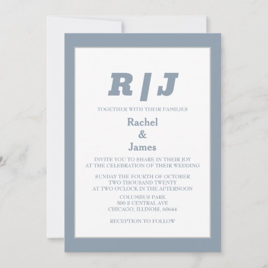 Dusty Blue Monogram Elegant Minimal Style Wedding Einladung (Vorderseite)