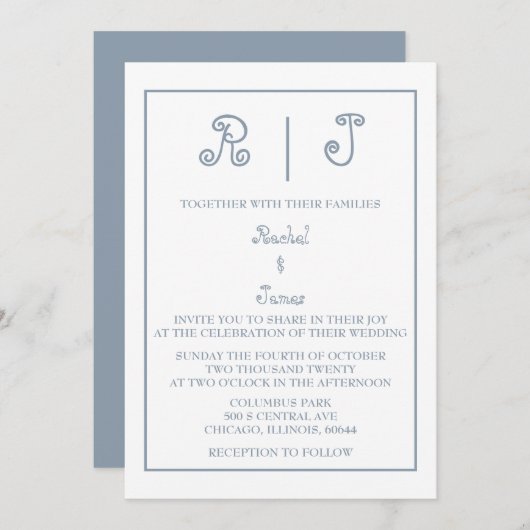 Dusty Blue Monogram Elegant Script Minimal Wedding Einladung (Vorne/Hinten)