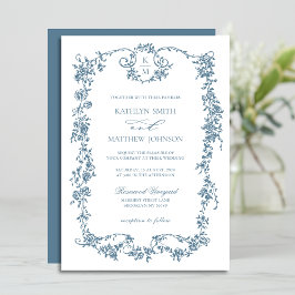 Dusty Blue Monogram Elegant Vintag Frame Wedding Einladung