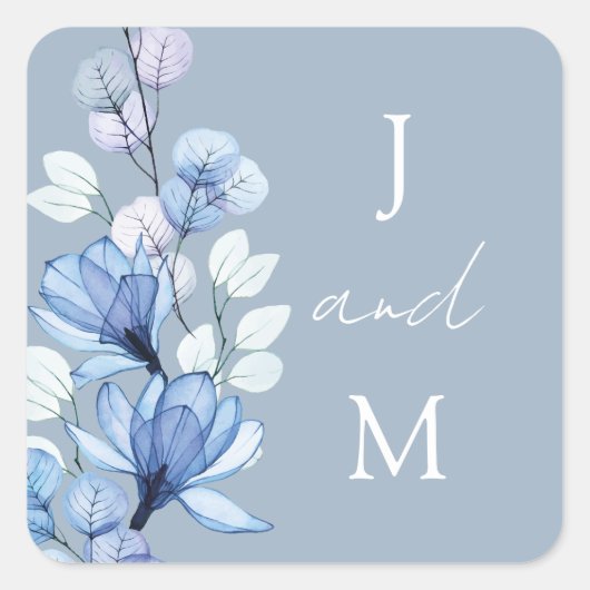 Dusty Blue Monogram Floral Gastgeschenk Hochzeit Quadratischer Aufkleber (Vorderseite)