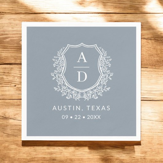 Dusty Blue Monogram Floral Wedding Wappen Serviette
