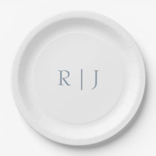 Dusty Blue Monogram Initials Minimale Hochzeit Pappteller