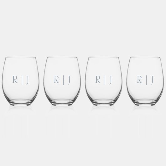 Dusty Blue Monogram Minimal Wedding Geschenk Gefal Weinglas Ohne Stiel (Vorderseite)