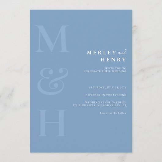 Dusty Blue Monogram QR Code All In One Wedding Einladung (Vorderseite)
