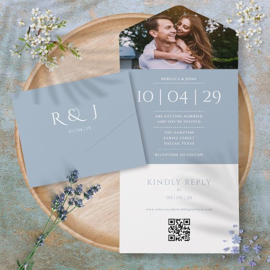 Dusty Blue Monogram QR Code Foto Hochzeitdatum All In One Einladung