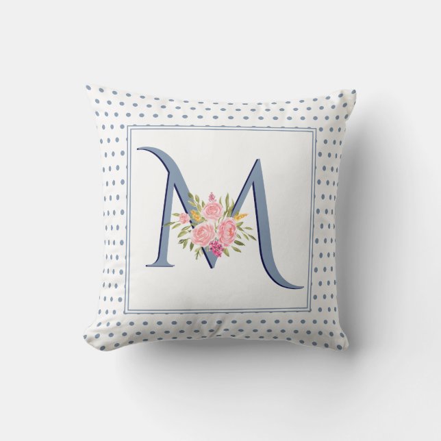 Dusty Blue Monogram, Rose und Polka-Punkte Kissen (Vorderseite)