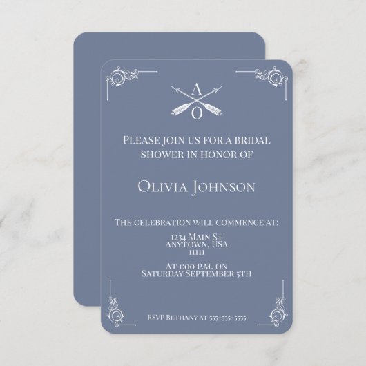 Dusty Blue Monogram und Arrows Brautparty Einladung (Vorne/Hinten)