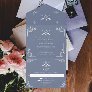 Dusty Blue Monogram und Arrows Wedding All In One Einladung