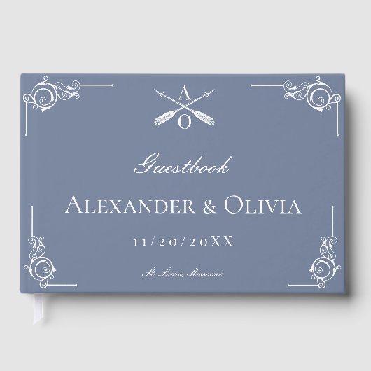 Dusty Blue Monogram und Arrows Wedding Gästebuch (Vorderseite)