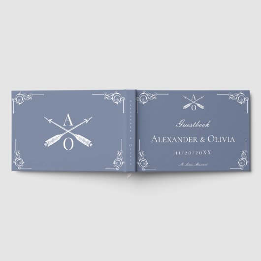 Dusty Blue Monogram und Arrows Wedding Gästebuch (Voll)