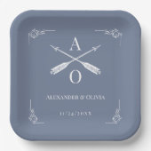 Dusty Blue Monogram und Arrows Wedding Pappteller (Vorderseite)
