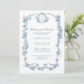 Dusty Blue Monogram Vintag Bridesmaids Luncheon Einladung (Stehend Vorderseite)