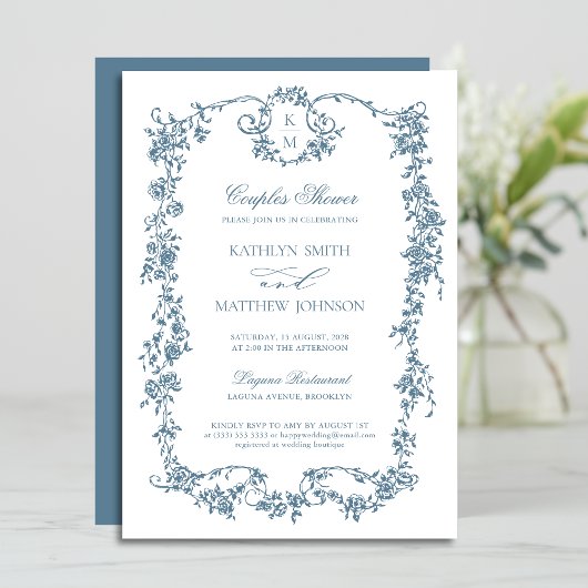 Dusty Blue Monogram Vintag Elegant Couples Dusche Einladung
