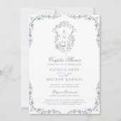 Dusty Blue Monogram Vintag Wappen Couples Dusche Einladung (Vorderseite)