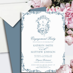 Dusty Blue Monogram Vintage Engagement Party Einladung