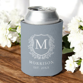 Dusty Blue Monogram Wappen Botanical Wedding Dosenkühler