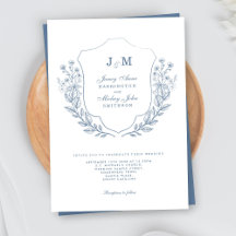 Dusty Blue Monogram Wappen Hochzeitseinladung