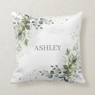 Dusty Blue Monogram Watercolor Green Name Kissen