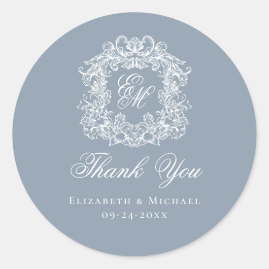 Dusty Blue Monogram Wedding Crest Thank You Runder Aufkleber (Vorderseite)