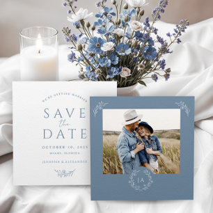 Dusty Blue Monogram Wedding Save the Date Card