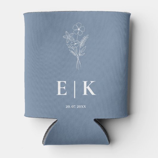 Dusty Blue Monogram Wildblume Wedding Dosenkühler (Vorderseite)