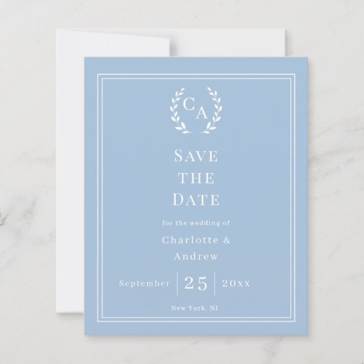 Dusty blue monogram wreath wedding Save the Date (Vorderseite)