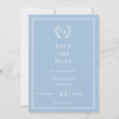 Dusty blue monogram wreath wedding save the date (Vorderseite)