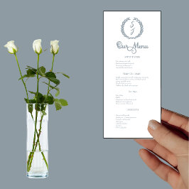 Dusty Blue Monogram Wreath White Dinner Menu Menükarte