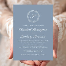 Dusty Blue Monogram Wreath White Script Wedding