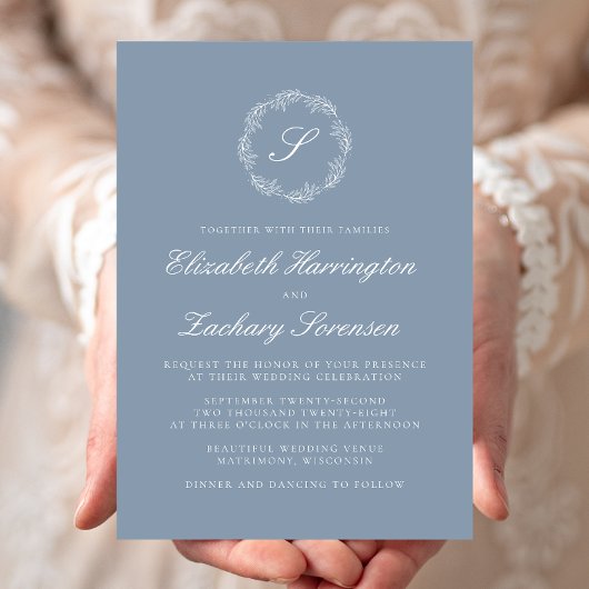 Dusty Blue Monogram Wreath White Script Wedding Einladung