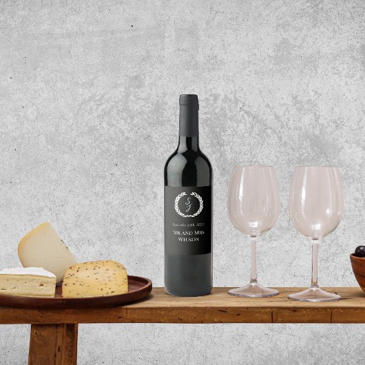 Dusty Blue Monogram Wreath White Weinetikett