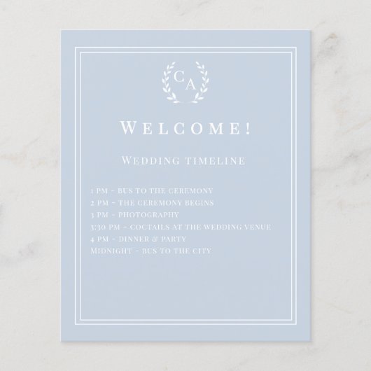 Dusty blue monogrammed wedding program details flyer (Vorne)
