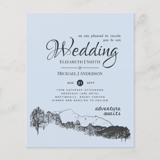 Dusty Blue Mountain Adventure Wedding Budget Flyer (Vorne)