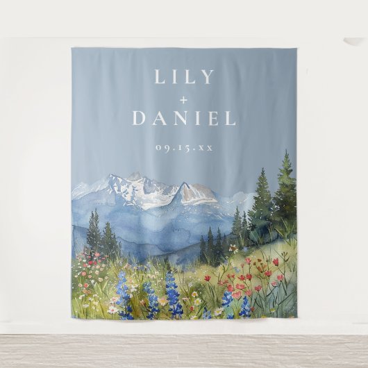 Dusty Blue Mountain Wedding Foto Hintergrund Wandteppich (Vorderseite)