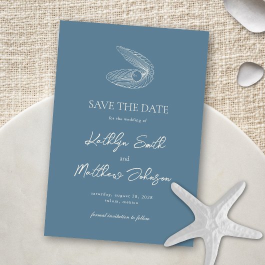 Dusty Blue Muschel Beach Ocean Hochzeit in Urlaubs Save The Date