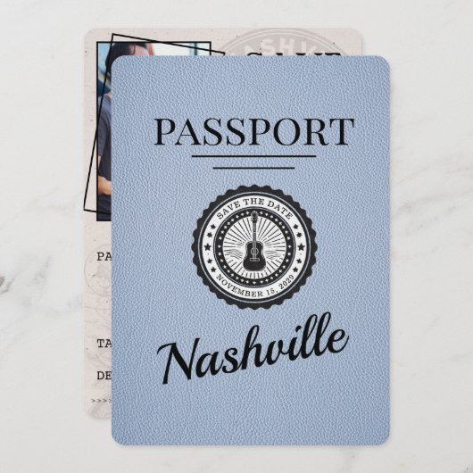 Dusty Blue Nashville Passport Save the Date (Vorne/Hinten)