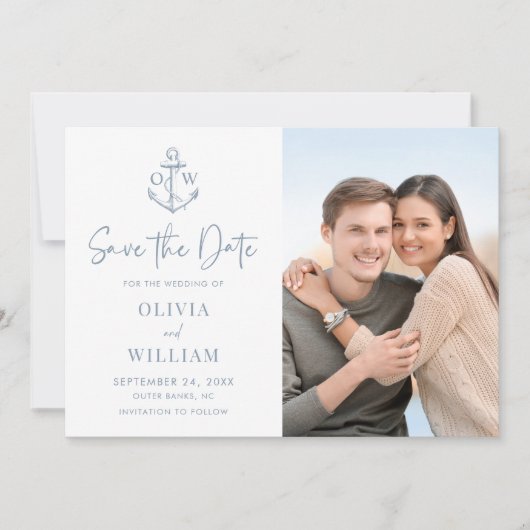 Dusty Blue Nautical Anchor Monogram Wedding Foto Save The Date (Vorderseite)