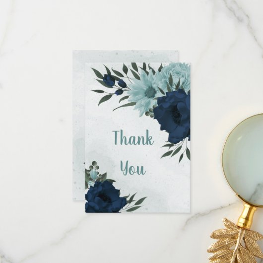 Dusty blue & navvy Blume botanisch Dankeskarte (Vorderseite/Rückseite Beispiel)